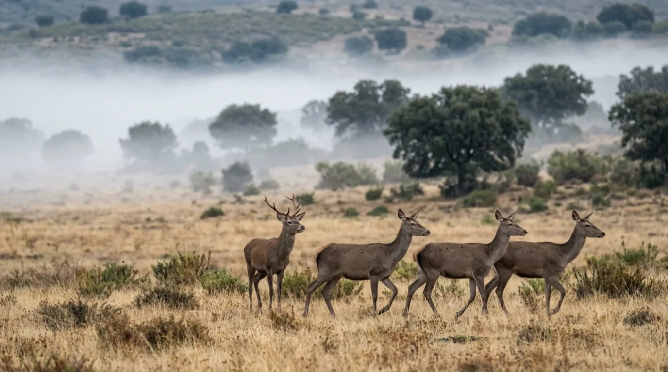 Grupo de ciervos en Cabañeros durante la berrea, niebla matinal entre encinas