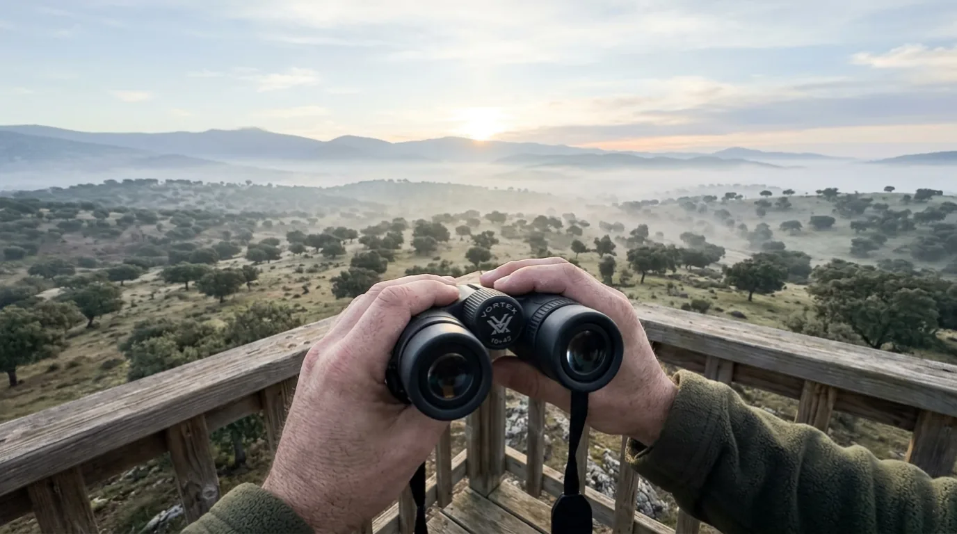 Observador con prismáticos en mirador de dehesa extremeña al amanecer durante la berrea