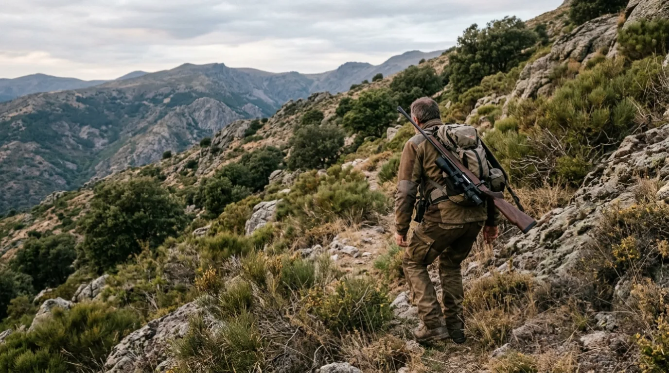 Cazador en rececho durante la berrea en encinar de Sierra-Gredos