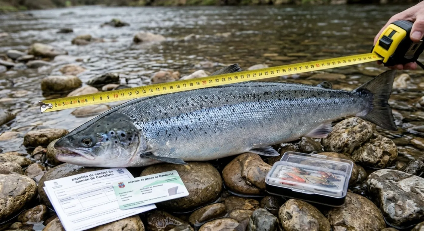 Salm&oacute;n at&laacute;ntico capturado siendo medido en la orilla del r&iacute;o con la licencia de pesca al lado