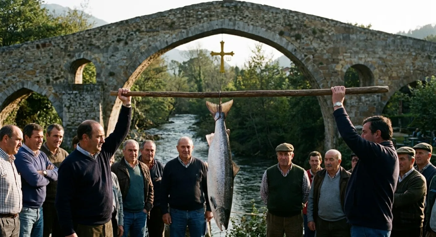 Subasta del Campanu en el Puente Romano de Cangas de On&iacute;s con el salm&oacute;n del Sella colgado