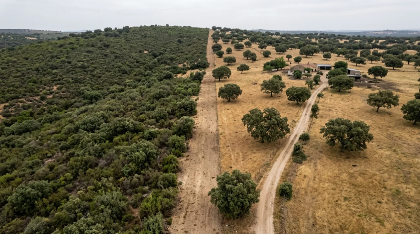 Monte gestionado por un coto de caza en Espa&ntilde;a con vegetaci&oacute;n controlada y cortafuegos visible