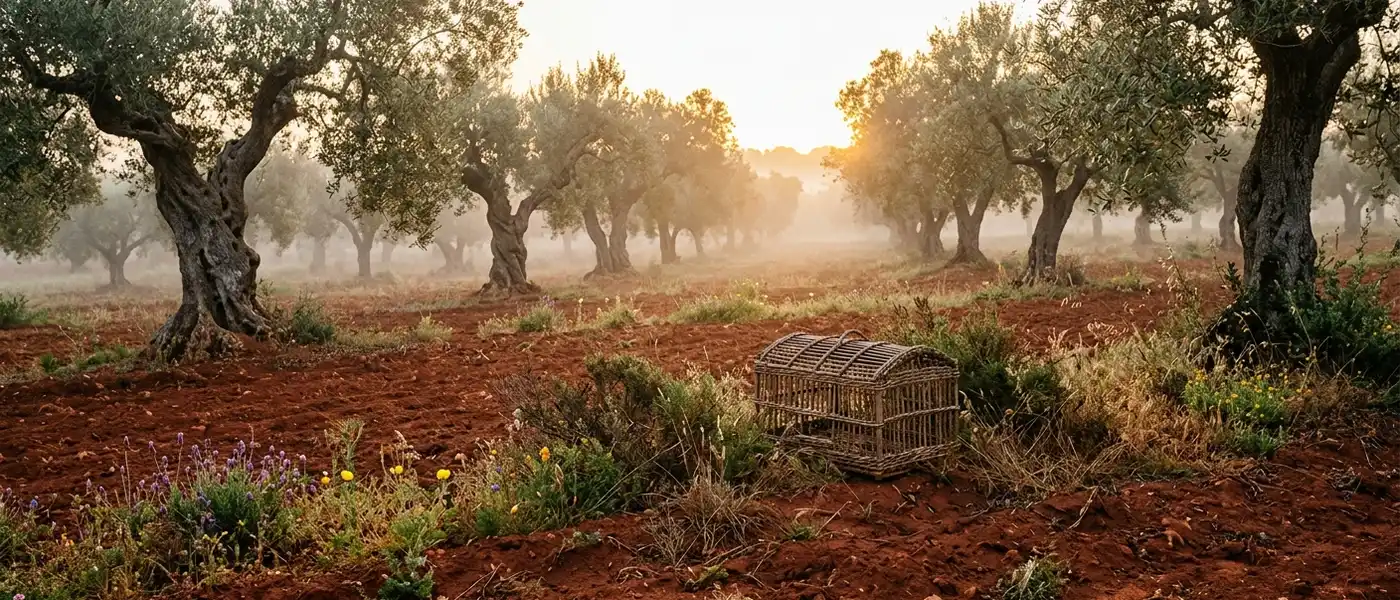 Olivar andaluz al amanecer con jaula de reclamo caza perdiz roja