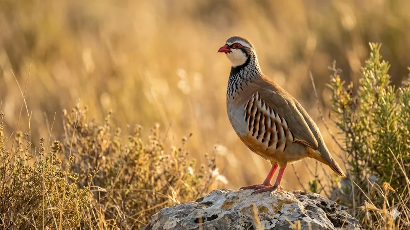 Perdiz roja (Alectoris rufa) en su habitat natural de matorral mediterraneo
