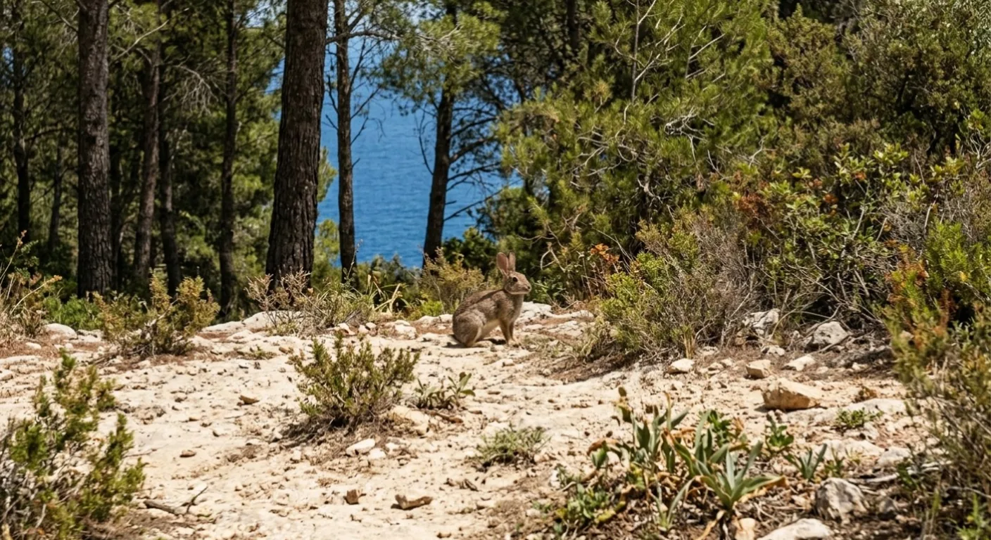 Conejo en monte mediterr&aacute;neo de Mallorca con vista al mar &mdash; cazar Baleares