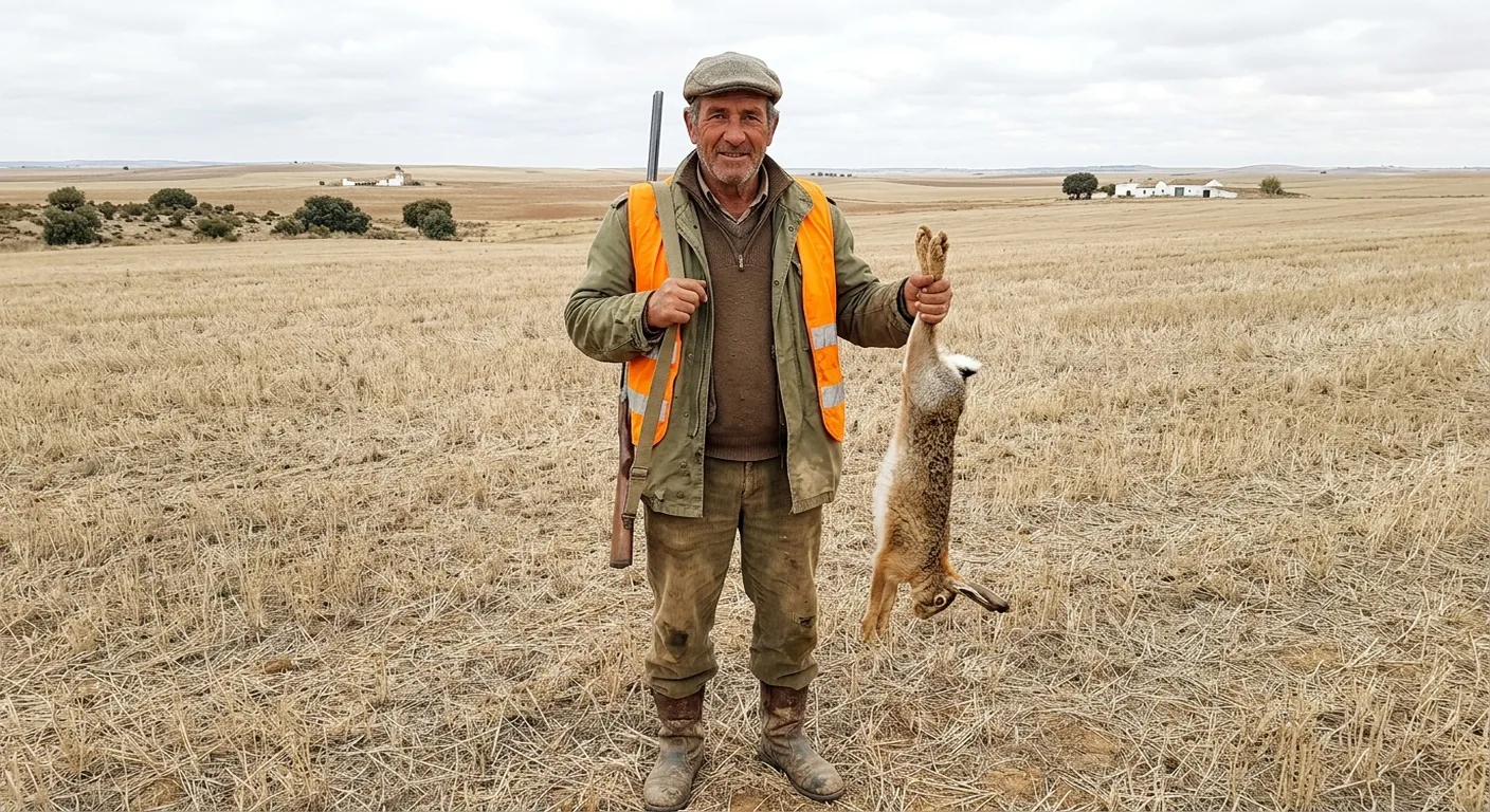 Cazador en coto social de Castilla-La Mancha con liebre ibérica