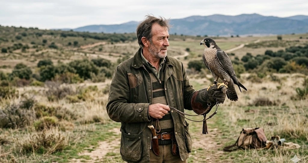 Cetrero con halc&oacute;n peregrino en el guante en campo abierto