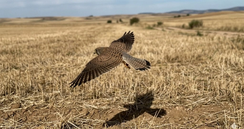Halcón en vuelo rasante sobre rastrojo de campo durante jornada de cetrería en España, foto documental