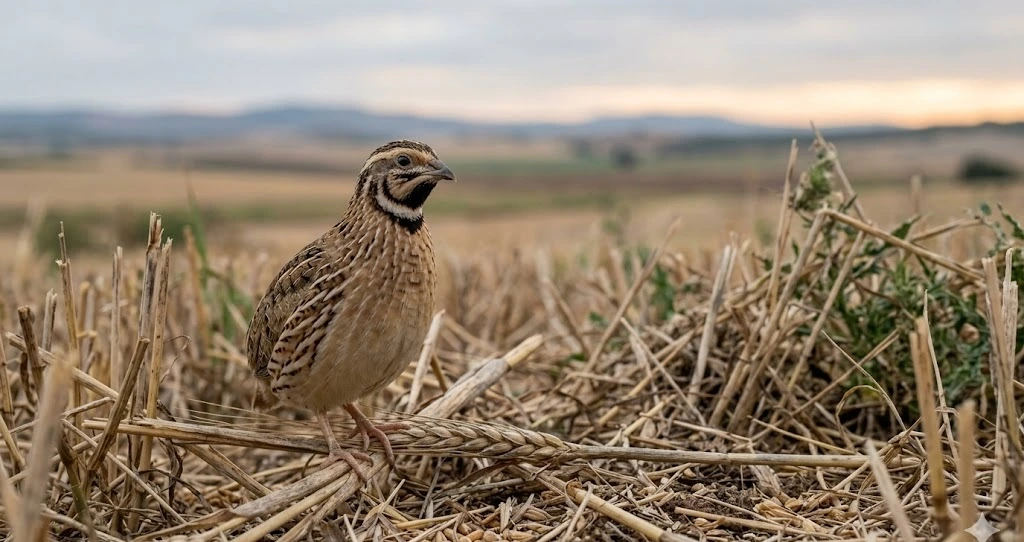 Codorniz com&uacute;n entre rastrojos de cereal en el campo espa&ntilde;ol