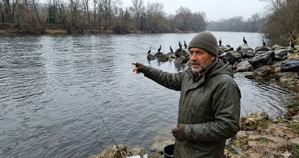Snapshot de smartphone: piscifactoría en río con redes de protección anti-aves instaladas