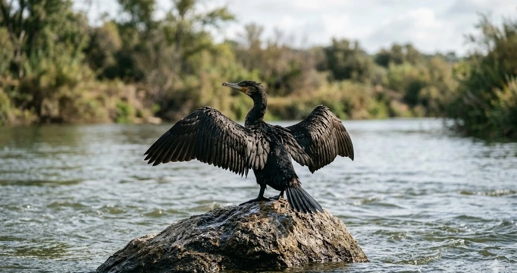 Bandada de cormoranes posados en ramas sobre un río interior español en invierno