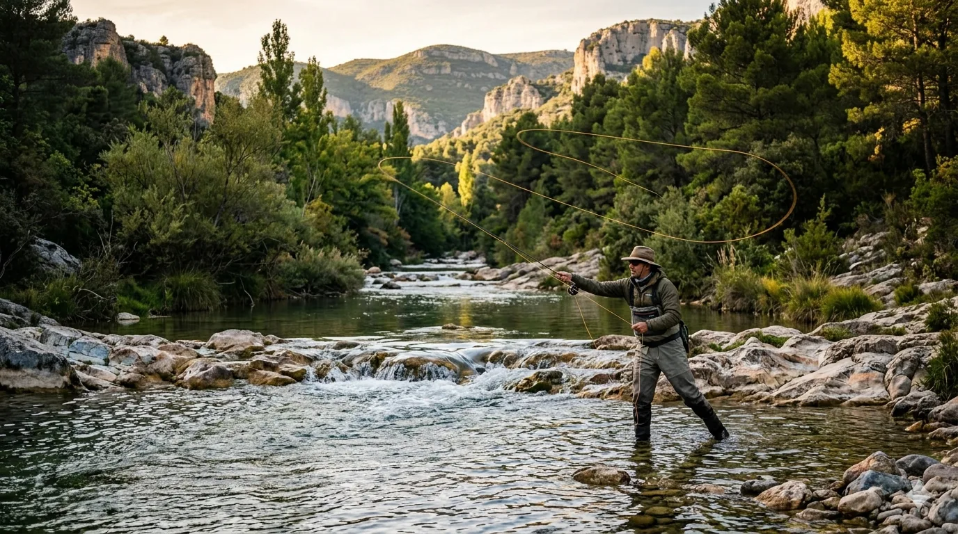 Cazador con escopeta y perro bretón caminando por un bosque atlántico en otoño durante una jornada de caza de becada en el norte de España