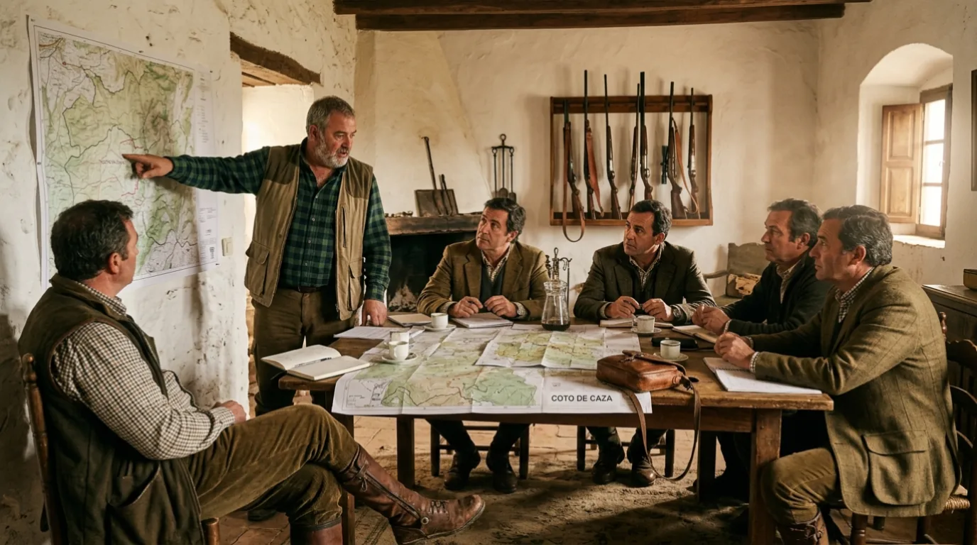 Reunion de socios de un coto de caza en un cortijo con mapas y documentacion sobre la mesa