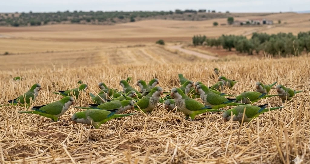 Bandada de cotorras argentinas en campo de vi&ntilde;a en Espa&ntilde;a