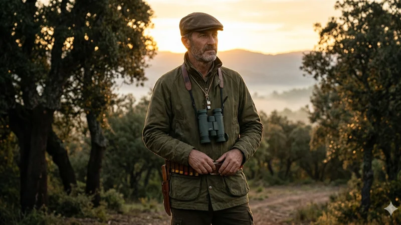 Cazador equipado con ropa de monteria por capas, botas de caza y prismaticos preparado para la batida