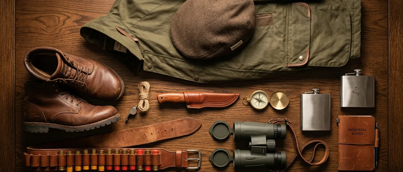 Equipamiento completo para monter&iacute;a flat lay sobre mesa de madera