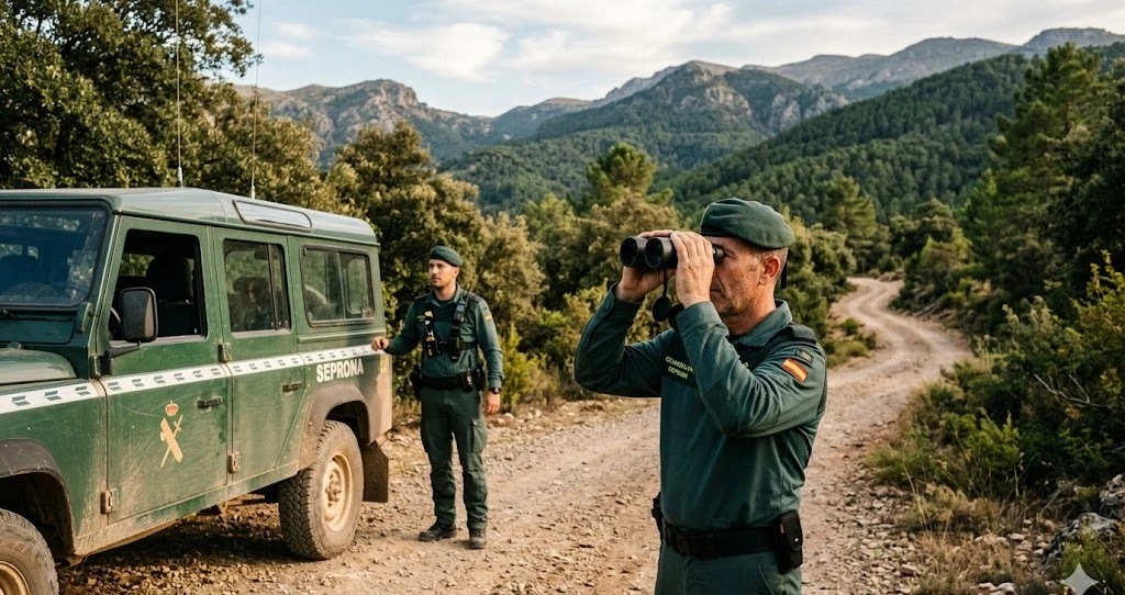 Agente del SEPRONA revisando documentaci&oacute;n a un cazador en el campo