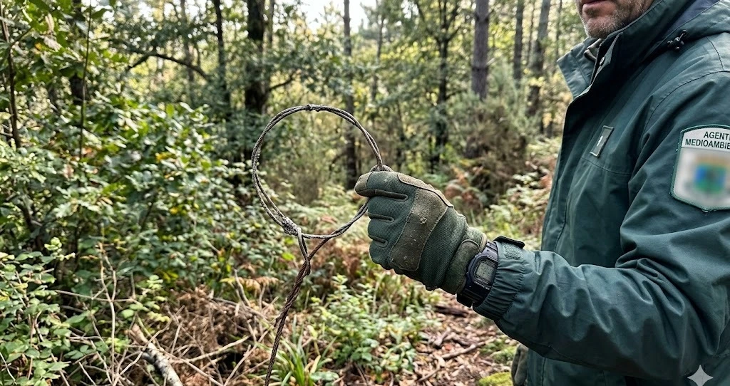 Lazo metálico decomisado por agentes medioambientales en el campo, foto de control