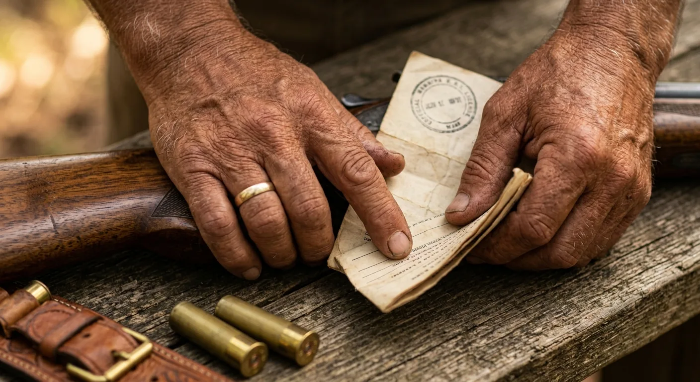 Cazador arrodillado leyendo huellas en un encinar castellano al amanecer, guía de licencias de caza por comunidad autónoma
