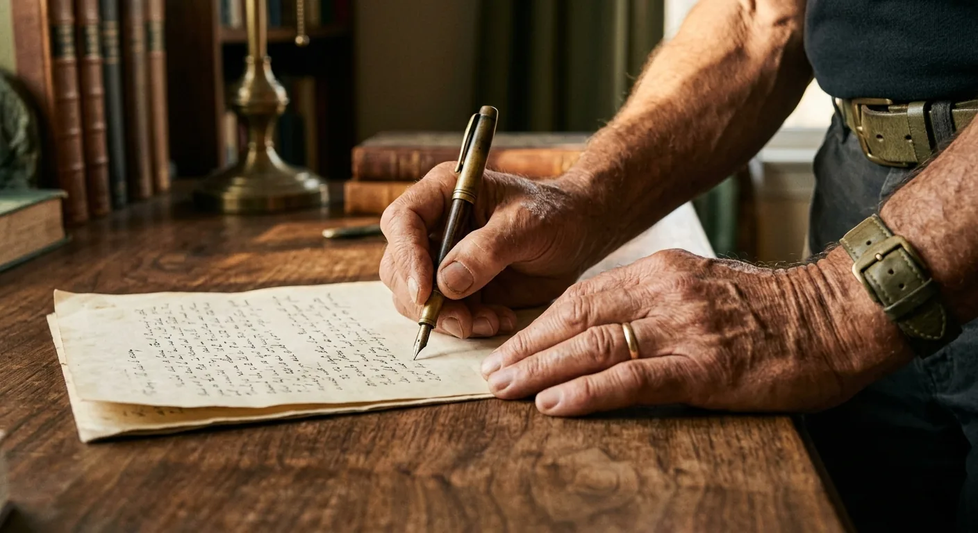 Manos de hombre mayor firmando con pluma estilográfica un documento oficial sobre escritorio de madera, tramitación de licencia de caza