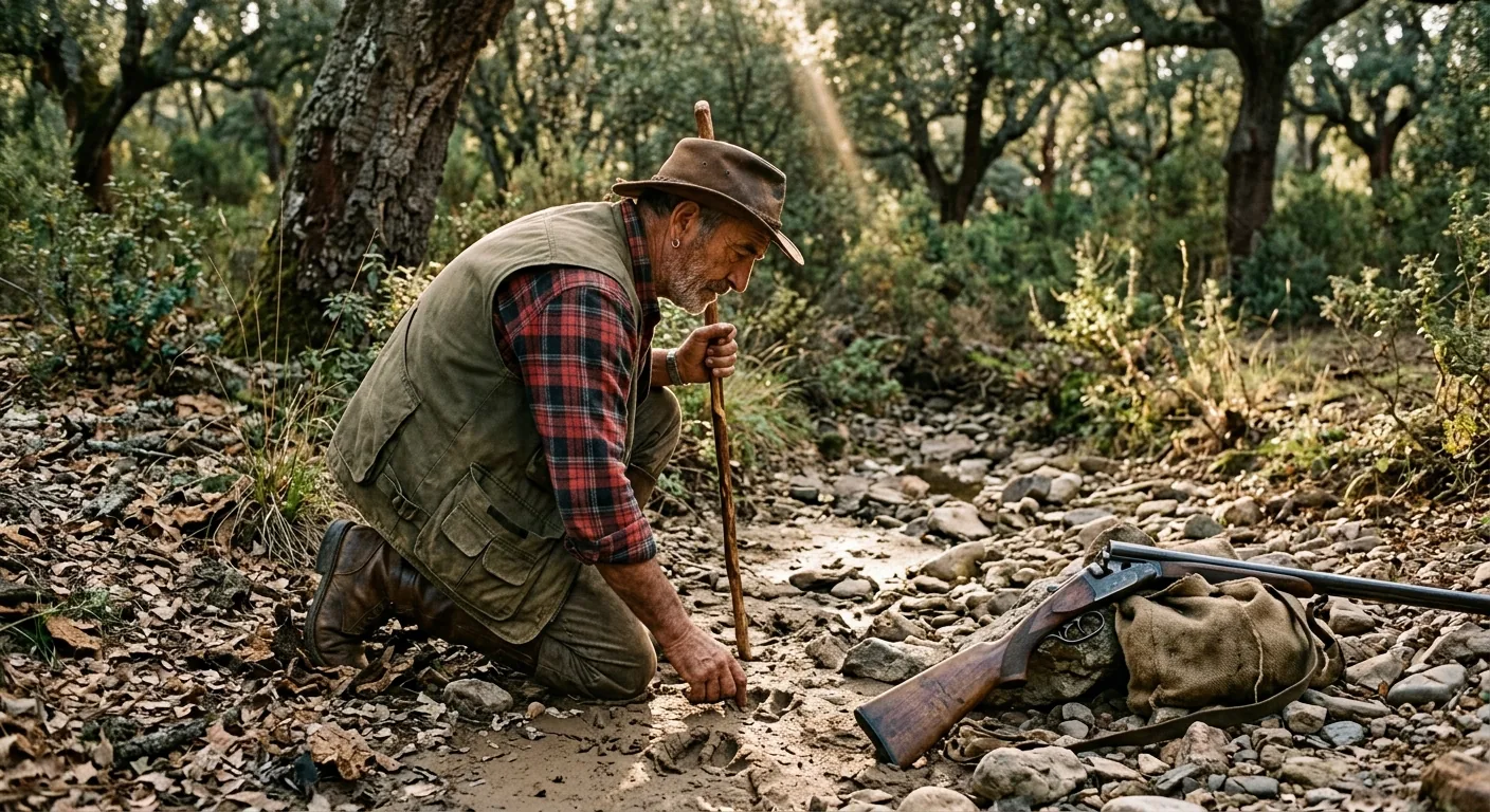 Manos curtidas de cazador sujetando una licencia de caza sellada sobre la culata de una escopeta paralela, con cartuchos y cartuchera de cuero