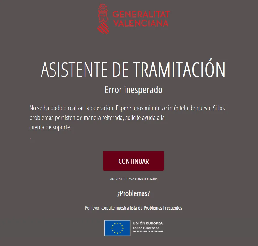 Error inesperado en el asistente de tramitacion de la Generalitat Valenciana al intentar tramitar la licencia de pesca