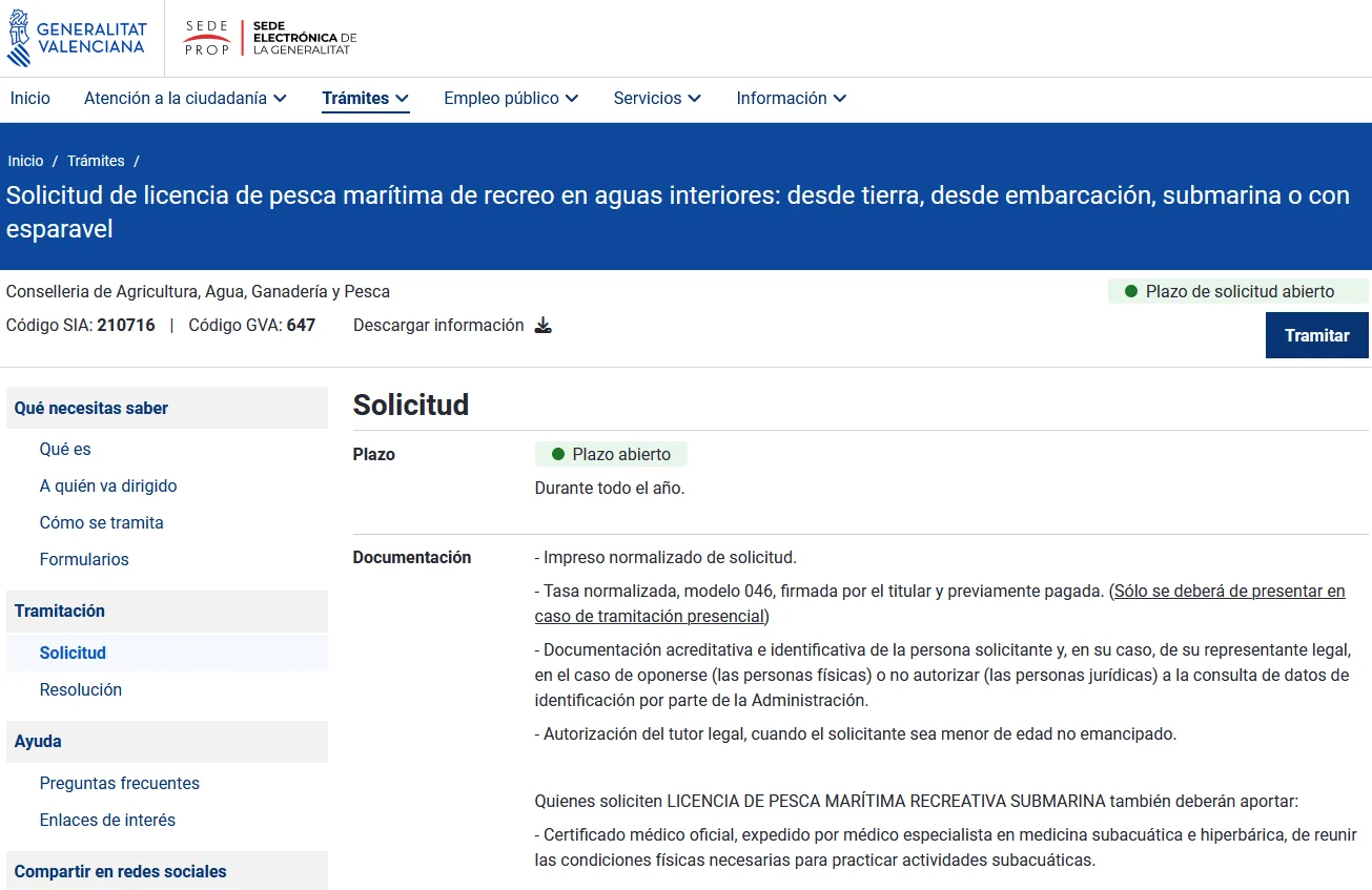 Pagina de tramitacion de la licencia de pesca maritima de la Generalitat Valenciana