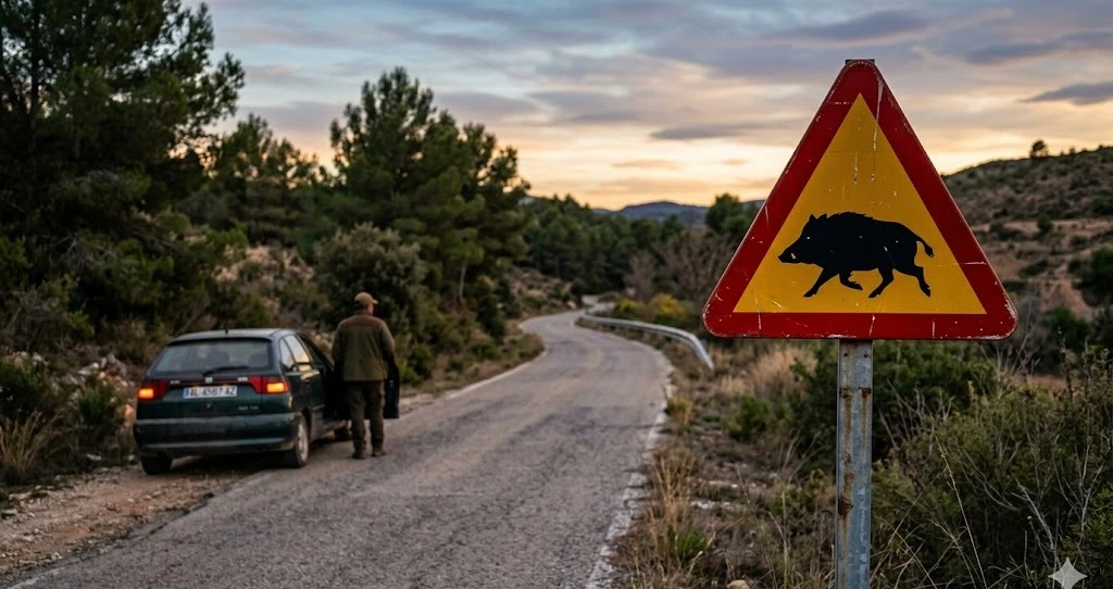 Se&ntilde;al de peligro por animales en carretera con monte pr&oacute;ximo en Espa&ntilde;a