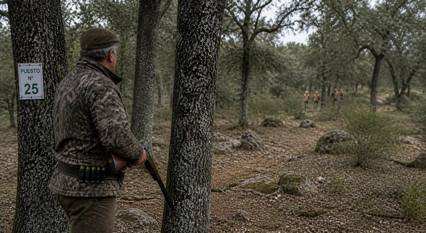 Batida de jabal&iacute; en Espa&ntilde;a con ojeadores y cazadores en puesto de monte