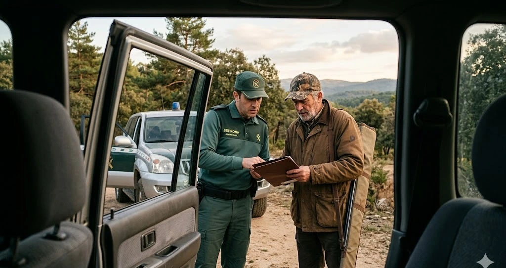 Agente del SEPRONA revisando documentación de cazador en pista forestal madrileña