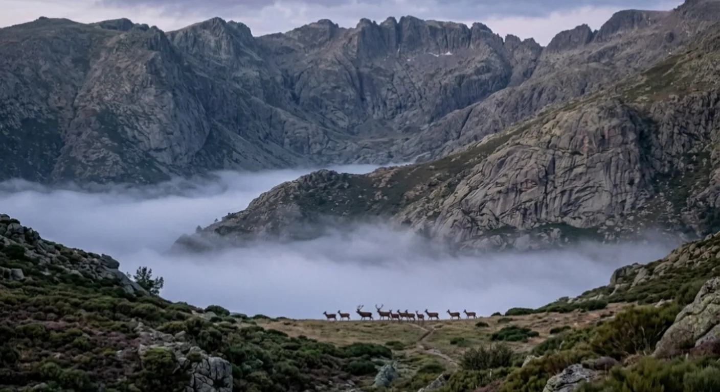 Ciervos cruzando praderas de Sierra de Gredos al amanecer &mdash; licencia caza Castilla y Le&oacute;n