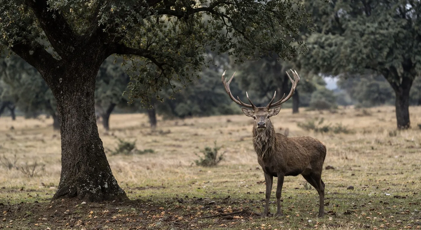 Ciervo ib&eacute;rico macho en dehesa de encinas de C&aacute;ceres al amanecer, caza mayor en Extremadura