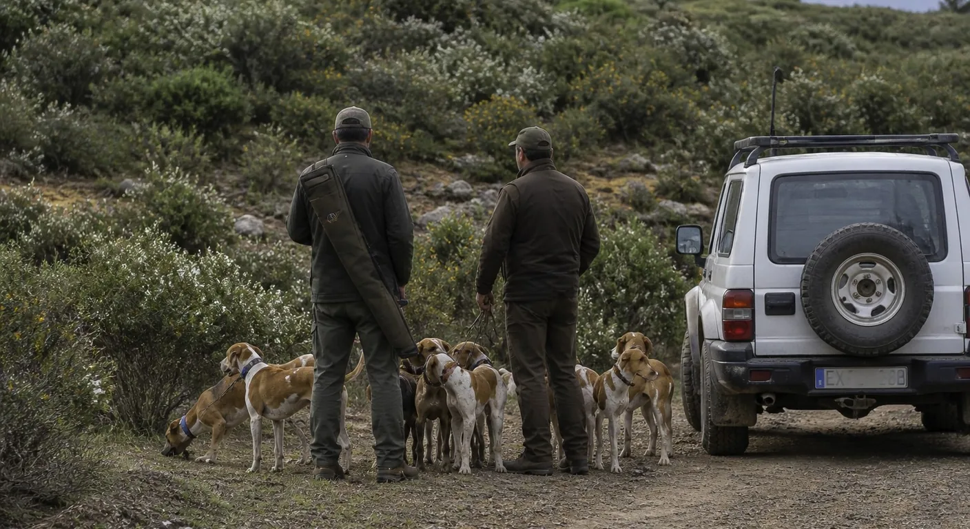 Montería de jabalí en sierra cacereña, cazadores con perros de rehala en dehesa de Extremadura