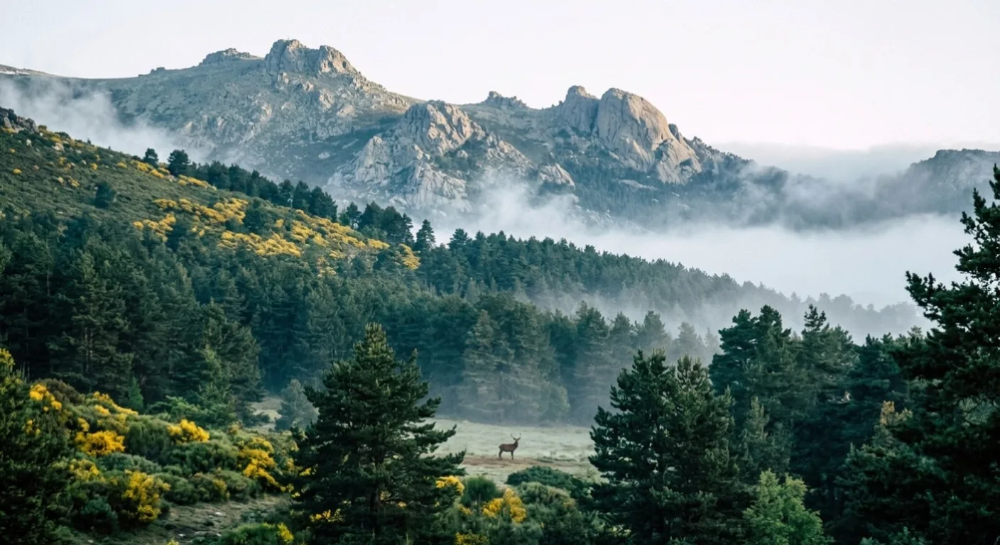 Sierra de Guadarrama con ciervo entre pinares y niebla &mdash; licencia caza Madrid
