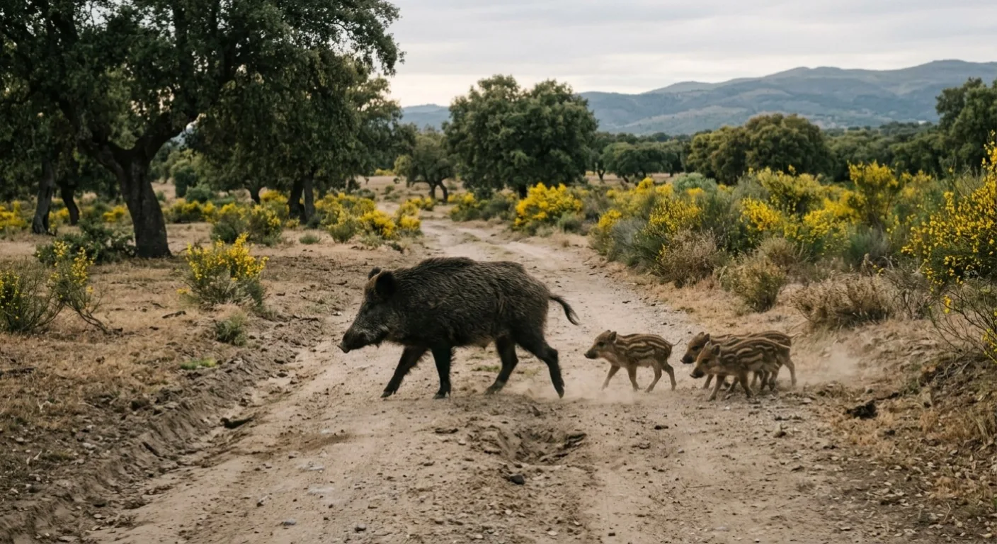 Valle del Alberche en Madrid, paisaje de encinar y dehesa con jabal&iacute; y perdiz, terreno de caza