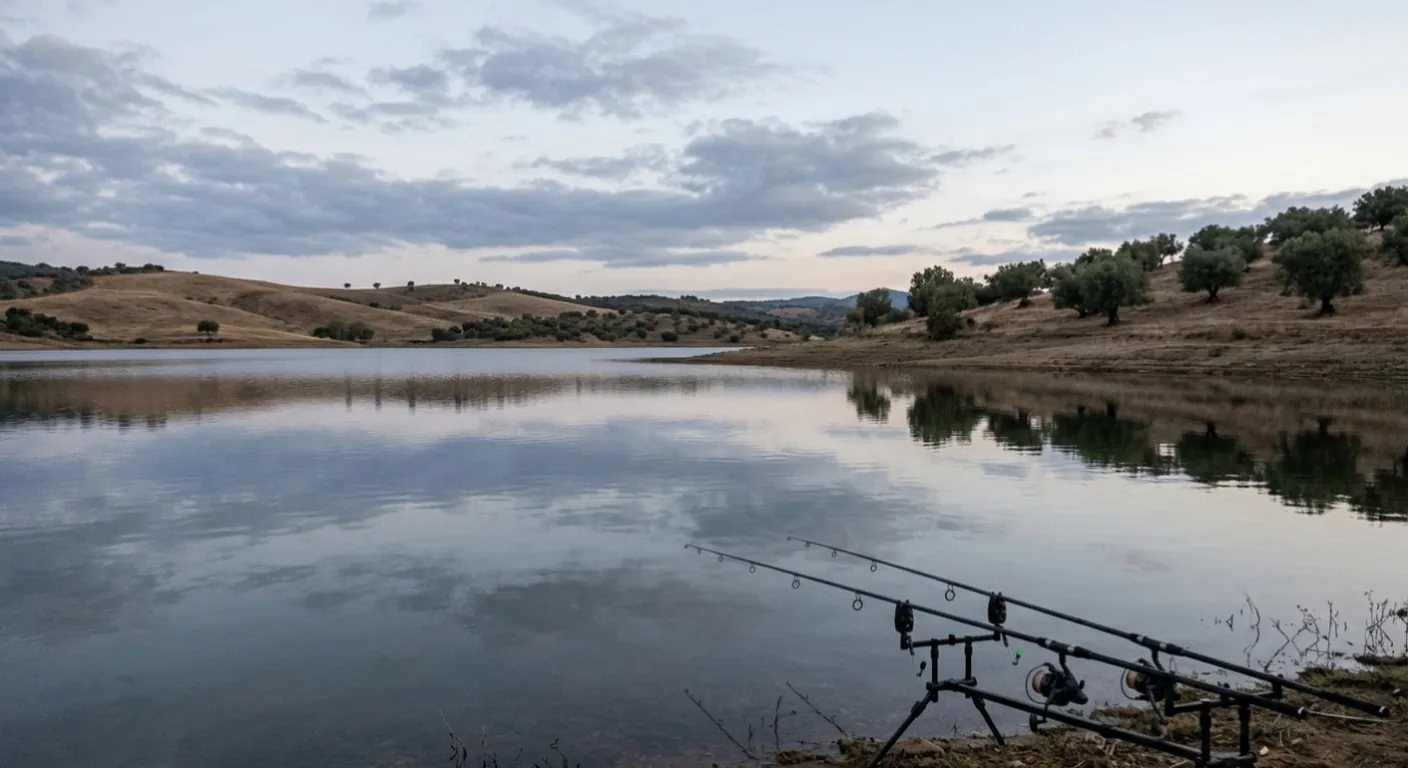 Pescador de carpfishing en orilla de embalse en C&oacute;rdoba al amanecer, ca&ntilde;as montadas y rod pod