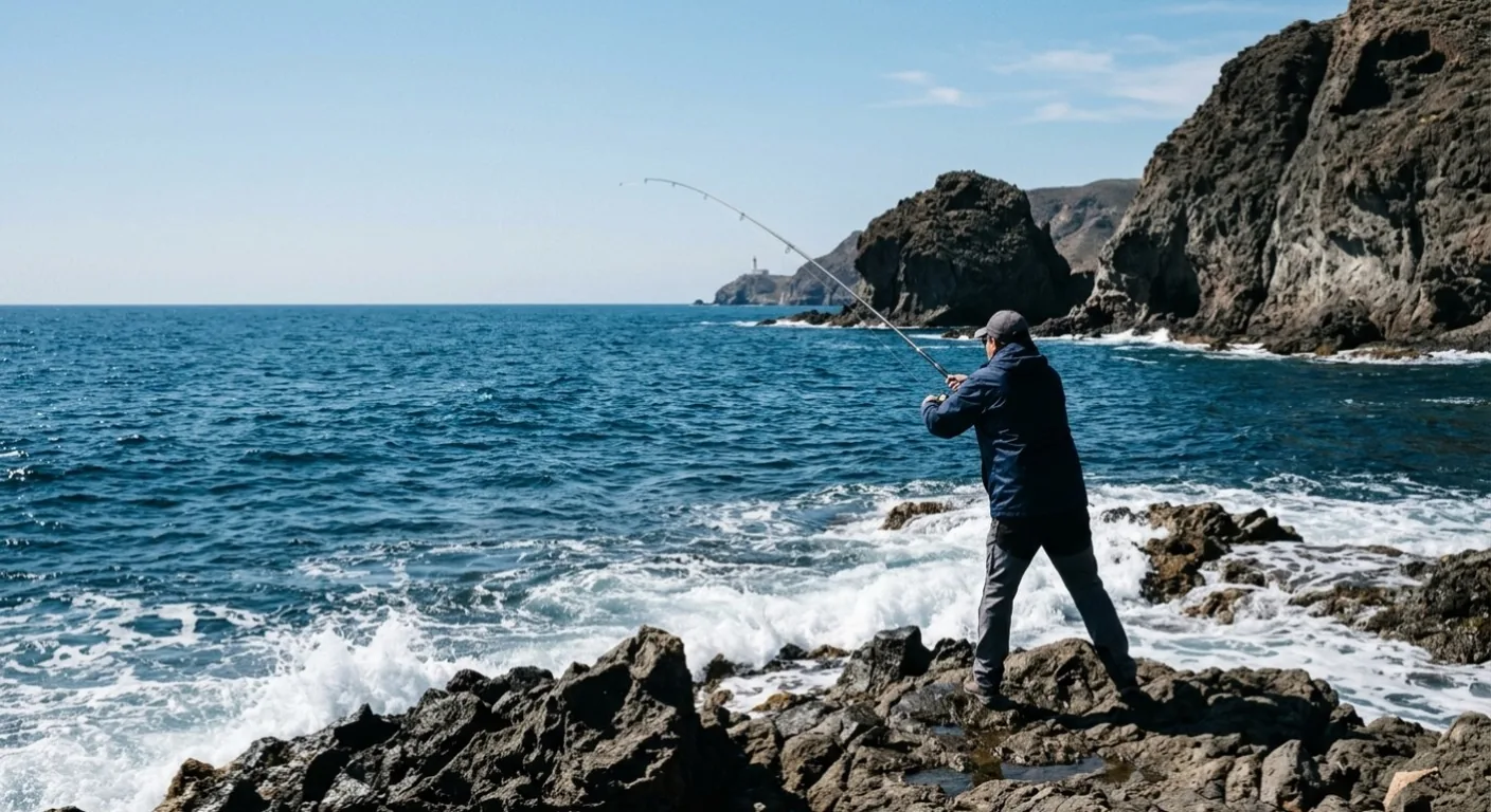 Pescador en costa rocosa de Almer&iacute;a con ca&ntilde;a de spinning al amanecer, mar mediterr&aacute;neo