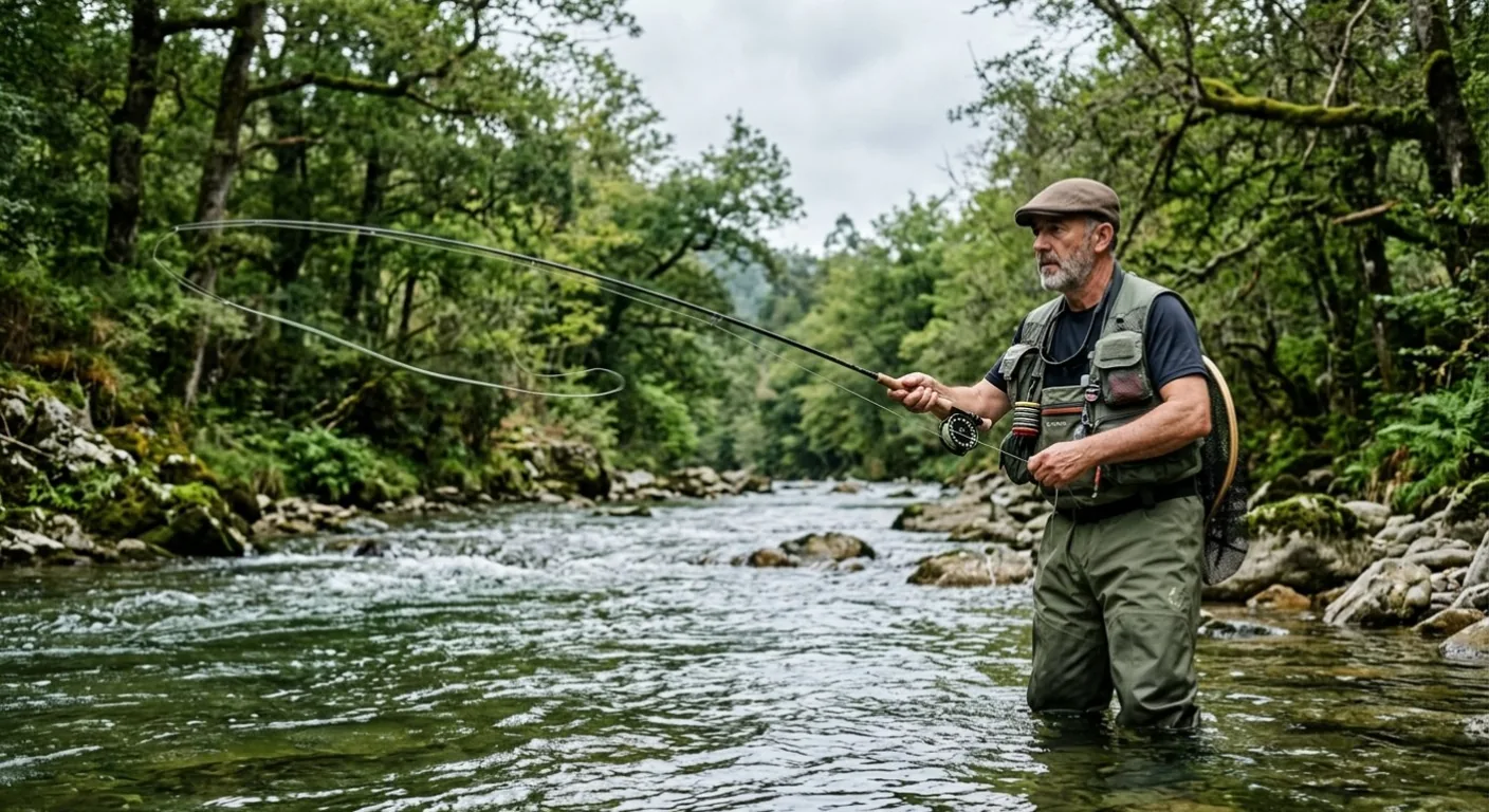 Pescador a mosca en r&iacute;o de la Sierra de Cazorla, Ja&eacute;n &mdash; licencia de pesca Andaluc&iacute;a