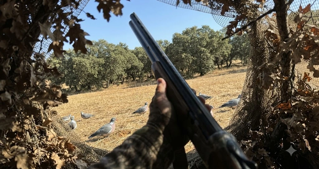 Cazador en puesto de aguardo al atardecer con palomas torcaces cobradas sobre el suelo durante la media veda