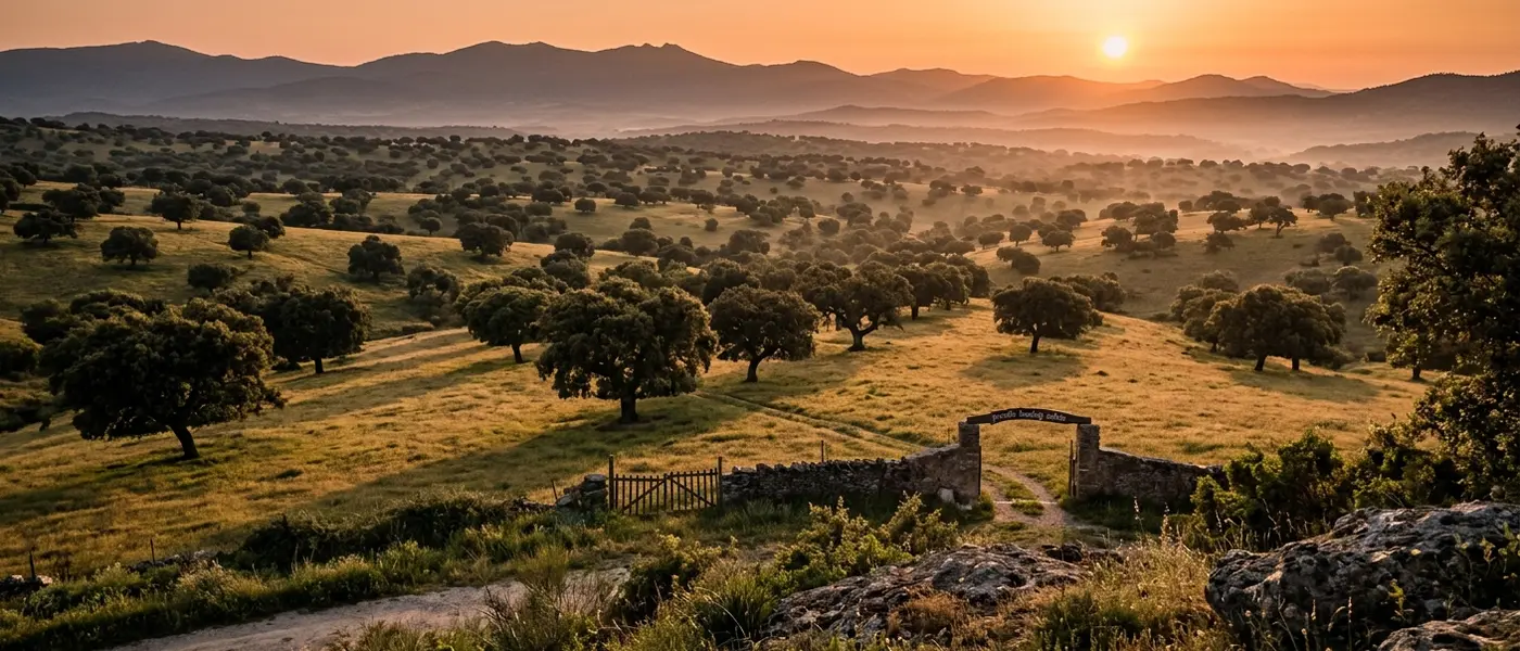 Dehesa de Sierra Morena al atardecer mejores cotos caza mayor Espa&ntilde;a