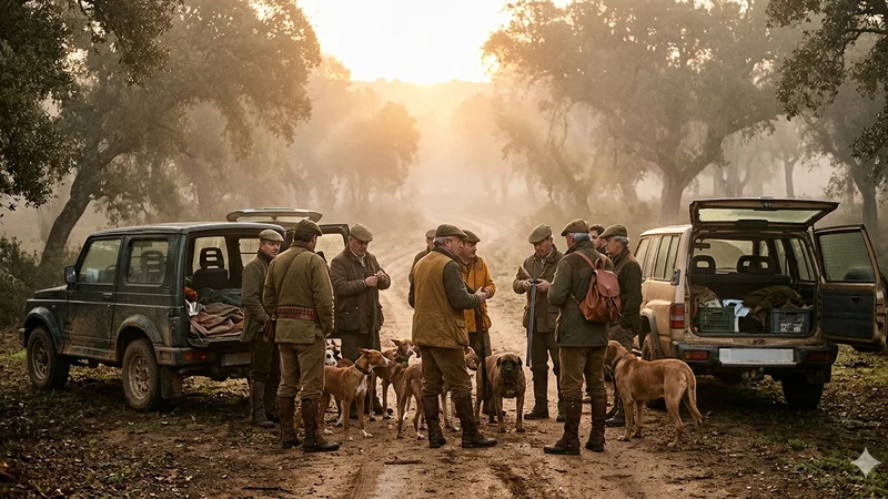 Batidores y rehalas en una monteria de caza mayor en la dehesa espanola