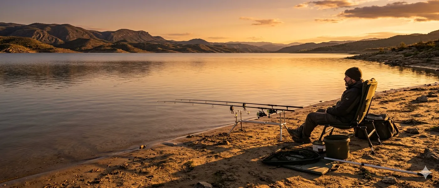 Embalse de Orellana al atardecer con equipo de carpfishing