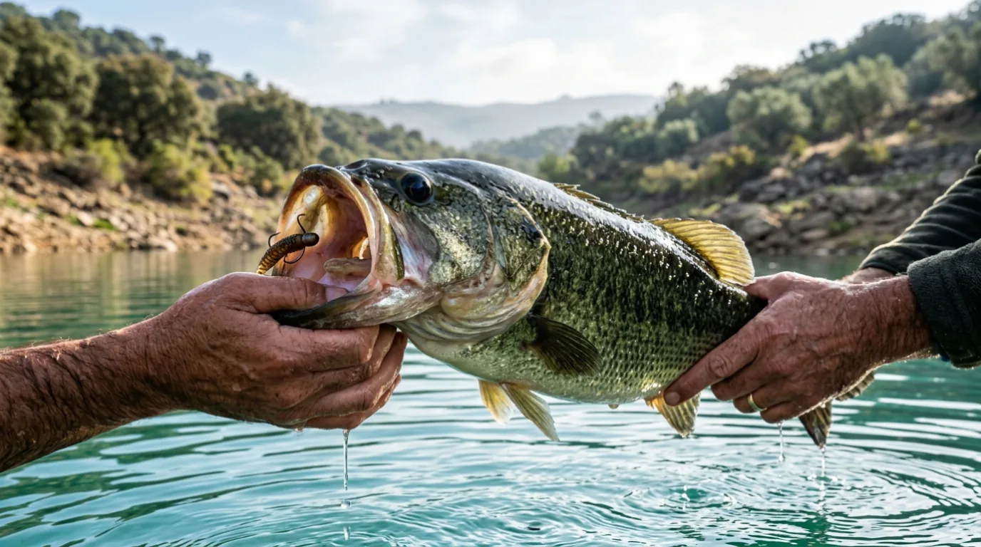 Black bass capturado en un embalse de Castilla-La Mancha sujeto con grip