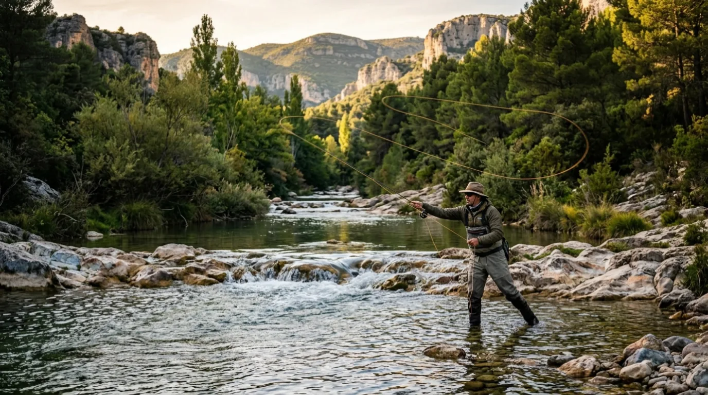 Embalse de Castilla-La Mancha al amanecer con pescador en la orilla
