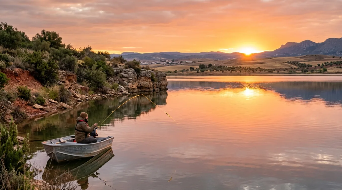 Pescador en la orilla de un embalse de Castilla-La Mancha al amanecer con canas montadas