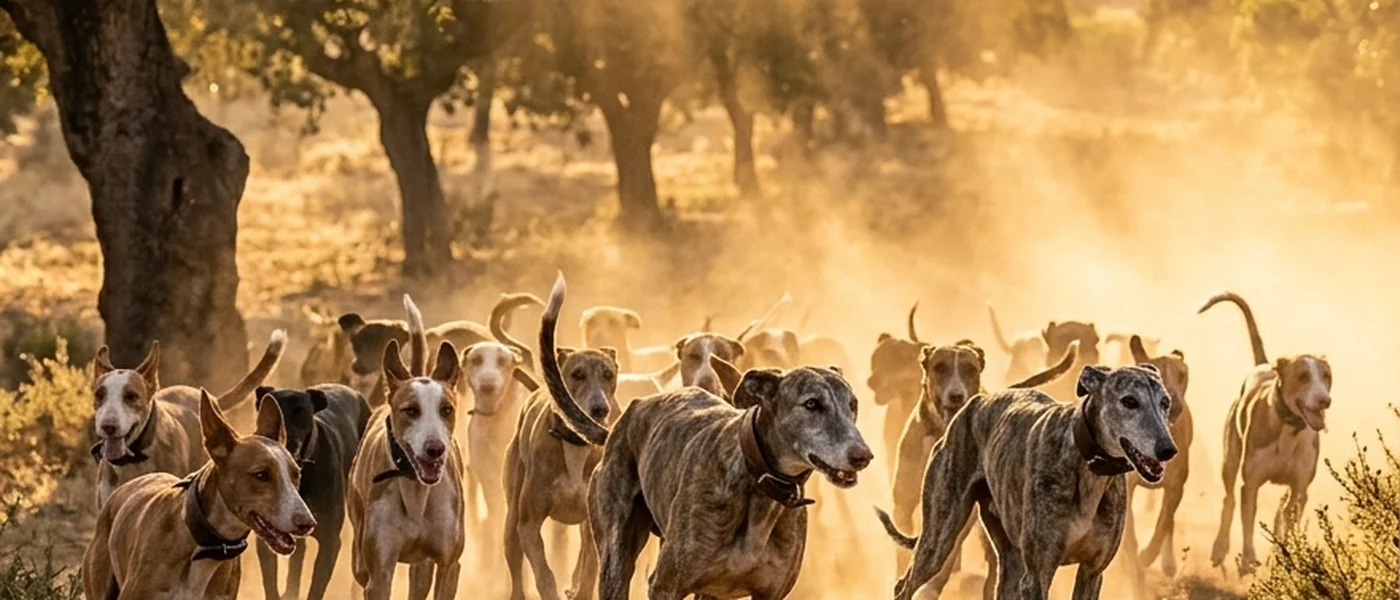 Rehalas de perros en dehesa durante una monter&iacute;a en Espa&ntilde;a