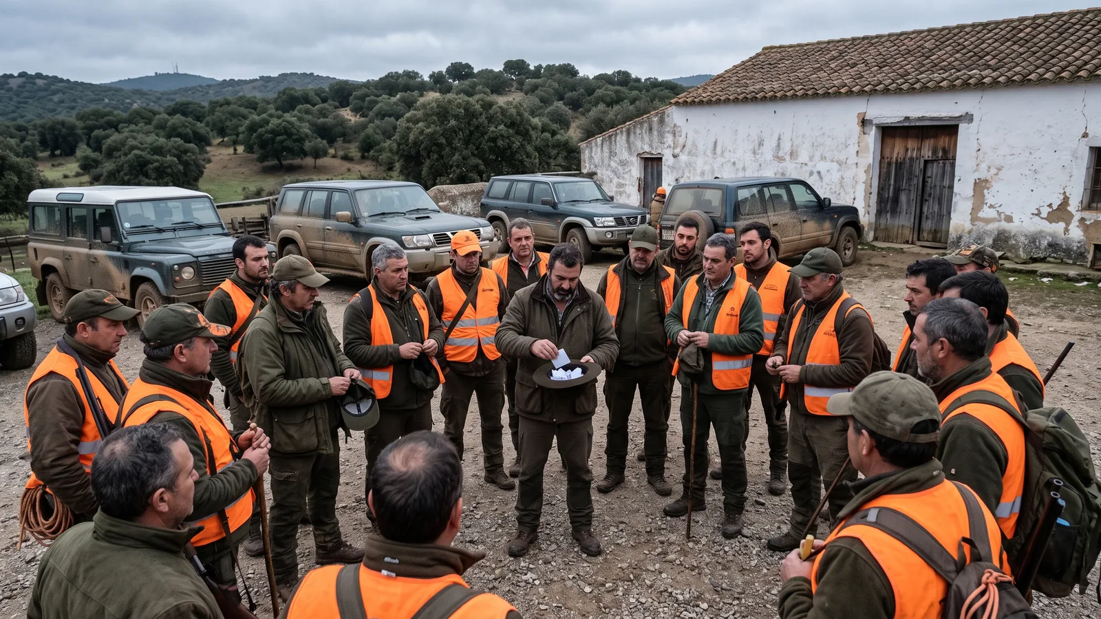 Junta de monteros con chalecos naranjas en el patio de un cortijo de Sierra Morena durante el sorteo de puestos de una montería 2026-2027
