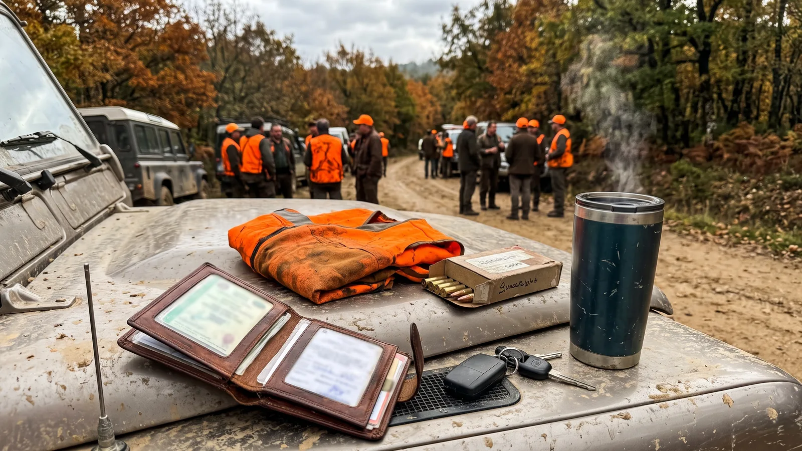 Cartera con documentos de caza, chaleco naranja y caja de balas sobre el capó de un todoterreno antes de una montería