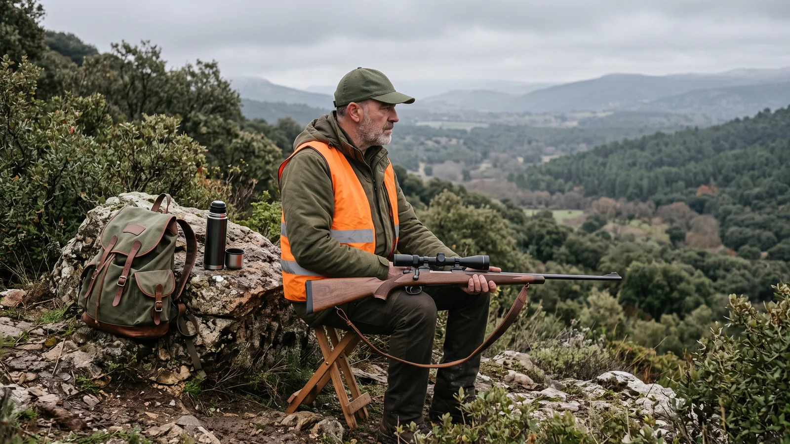 Montero con chaleco naranja sentado en su puesto de cierre en una ladera de encinas con el rifle sobre las rodillas