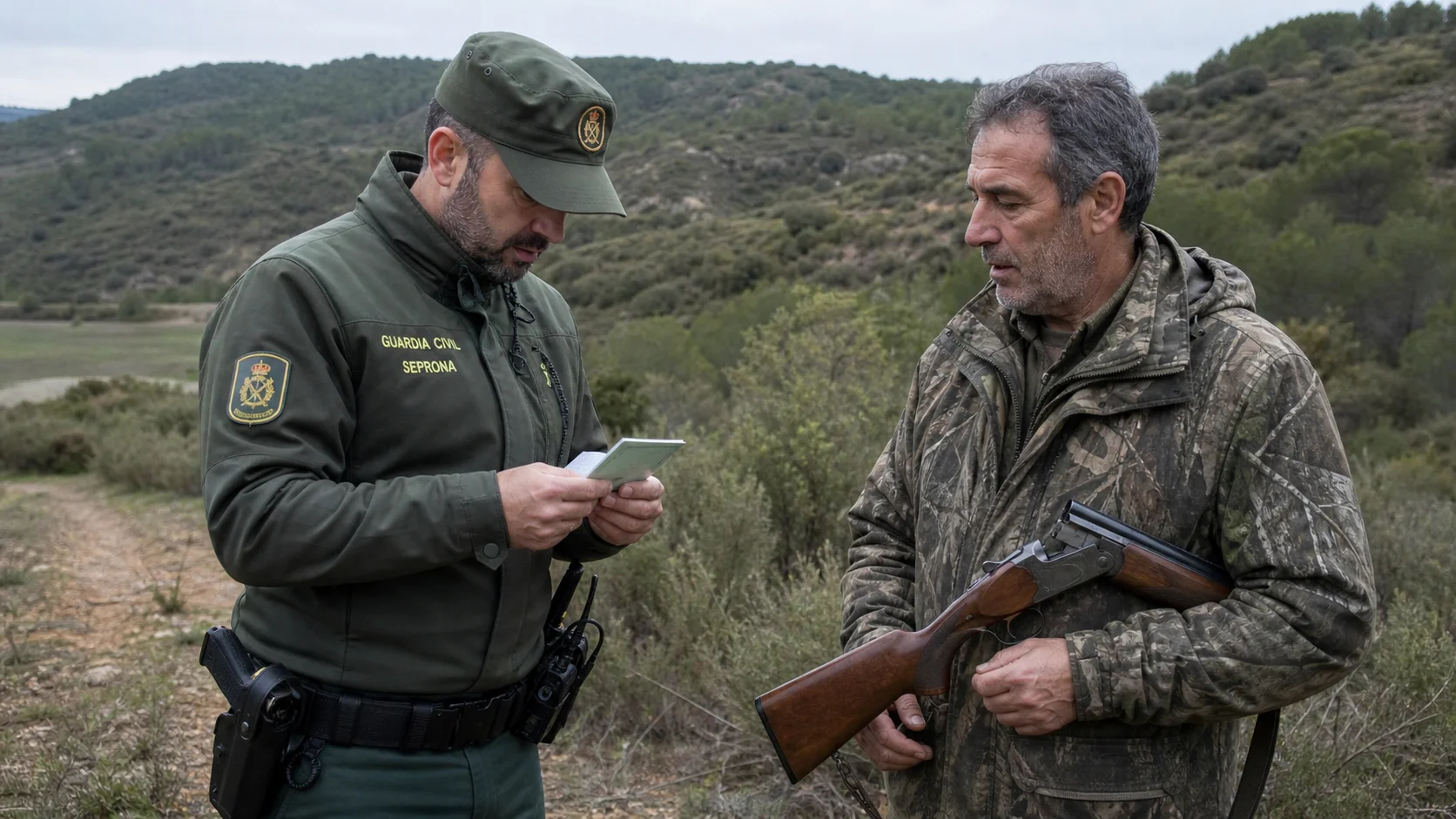 Agente del SEPRONA con guarda forestal revisando documentaci&oacute;n de caza en campo abierto durante una inspecci&oacute;n rutinaria